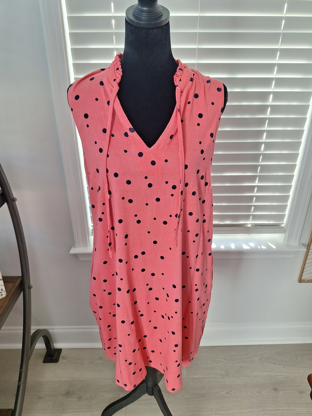 Sandra Darren Coral Pink Sleeveless Polka Dot Midi Dress
